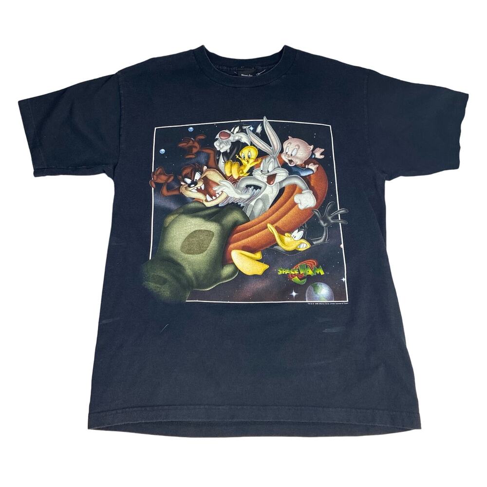 Vintage 1996 Space Jam Warner Bros Movie Promo T-Shirt Looney Tunes Black Large